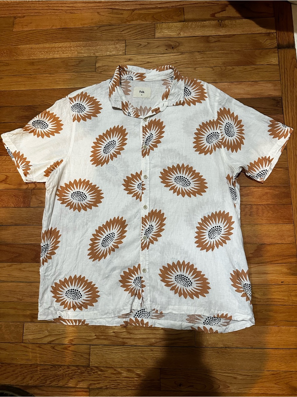 Folk Men’s Drake Short Sleeve Button Up Shirt Linen Blend Ivory Orange Floral XL